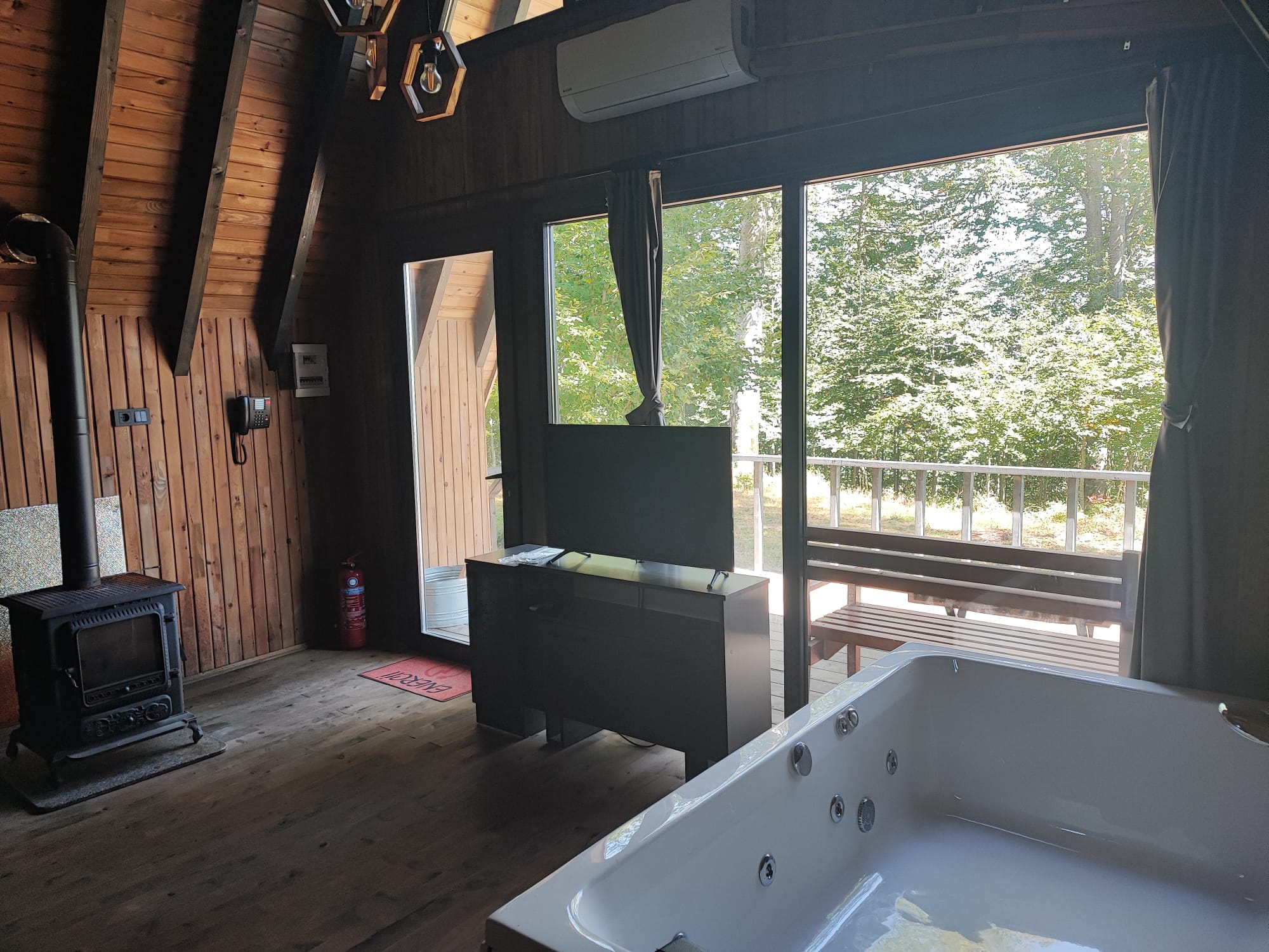 A black wood-burning stove beside the jacuzzi, with floor-to-ceiling windows opening onto the forest deck.