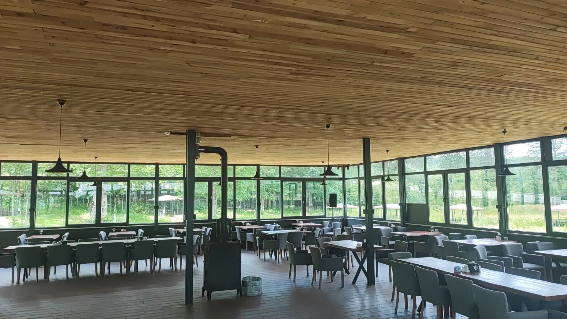 The glass-walled dining hall with a warm timber slat ceiling, pendant lamps, grey upholstered chairs and wood tables, the forest pressing in through floor-to-ceiling windows.